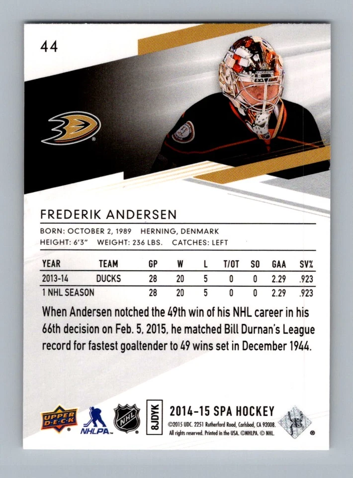 2014-15 SP Authentic Frederik Andersen Anaheim Ducks #44 - Image 2 of 2