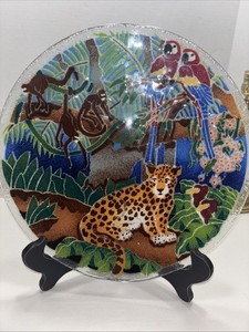 【Peggy Karr】USA  作家  ガラスプレート  大作  サインあり Signed Peggy Karr fused art glass bowl cat in resting in garden.