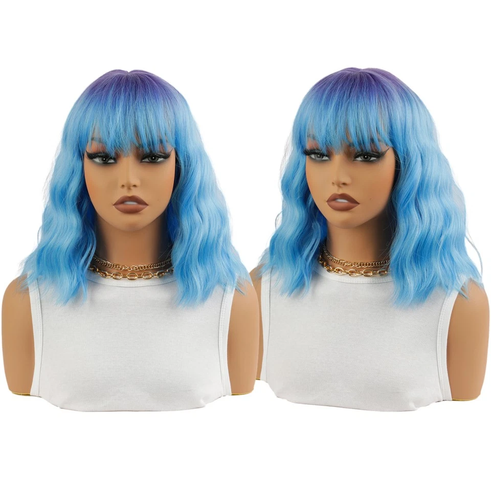 Peluca Ombre Azul con Flequillo para Mujer Corto Bob Peluca Ondulada Rizada para Disfraz de Juegos con disfraces Foto 2 de 4