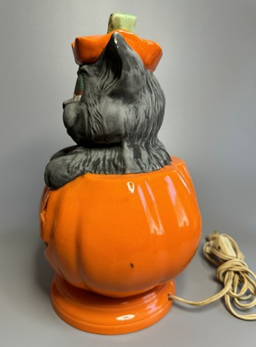 Vintage Halloween Black Cat Jack-O-Lantern Pumpkin Holland Mold Ceramic w/Light - Picture 3 of 17