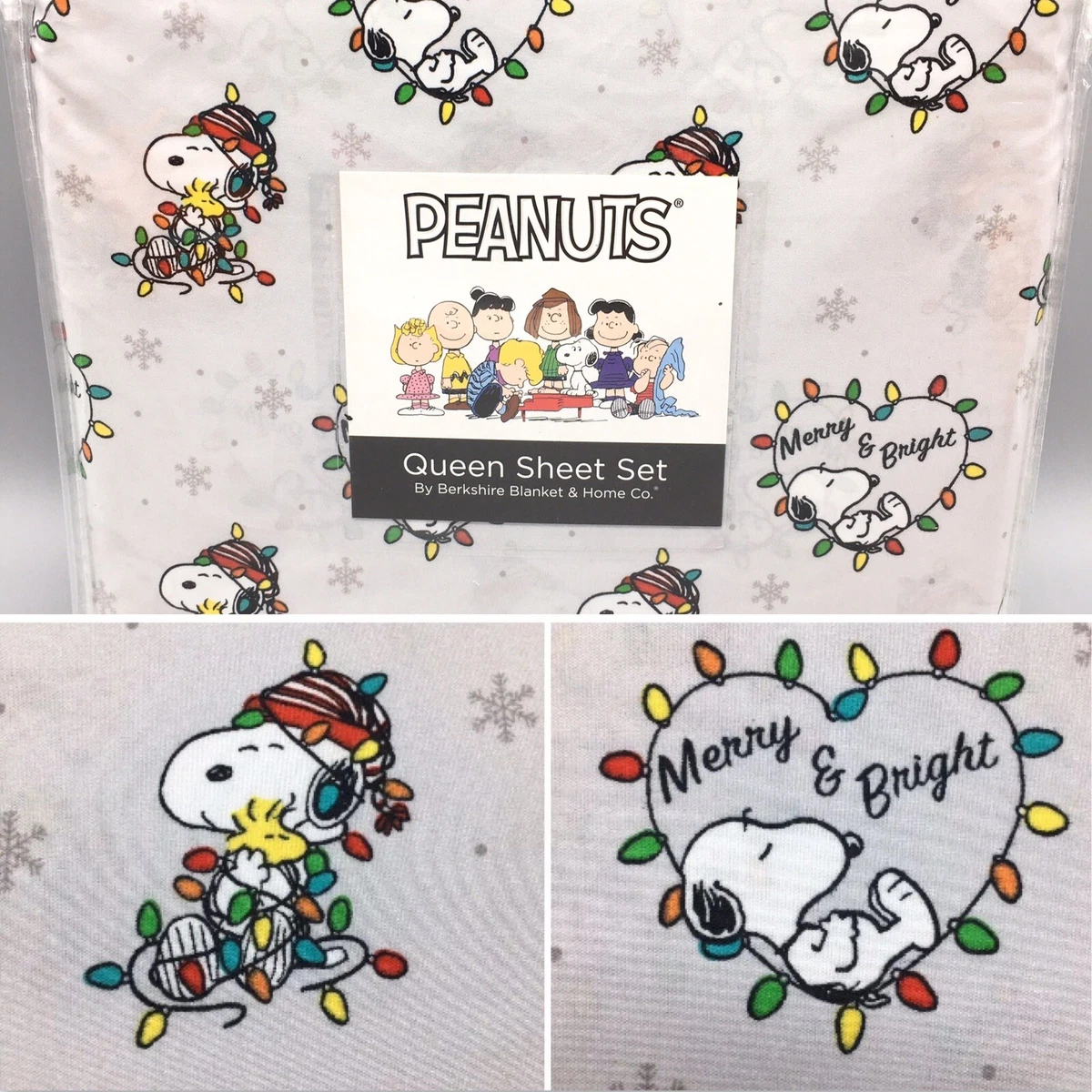 4pc Berkshire Peanuts Snoopy Christmas Lights QUEEN Sheet Set Heart Woodstock