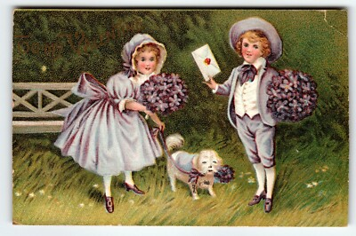 #ad Antique Embossed Postcard Too My Valentine Children Dog Flowers 1912 Vintage $12.59