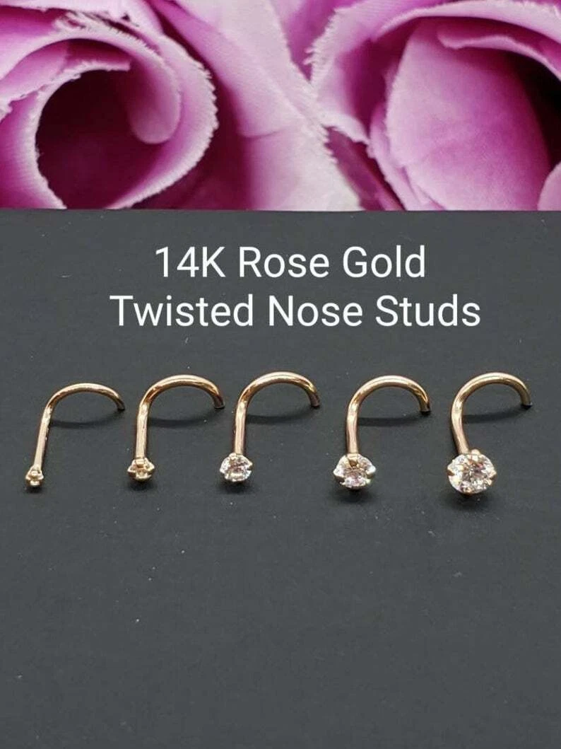 14K Solid Rose Gold Curve Bar Nose Stud Screw Nostril Piercing 20 GA