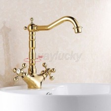 Gold Color Brass Deck Mount Dual Handle Kitchen Sink Vanity Faucet Mixer Tap