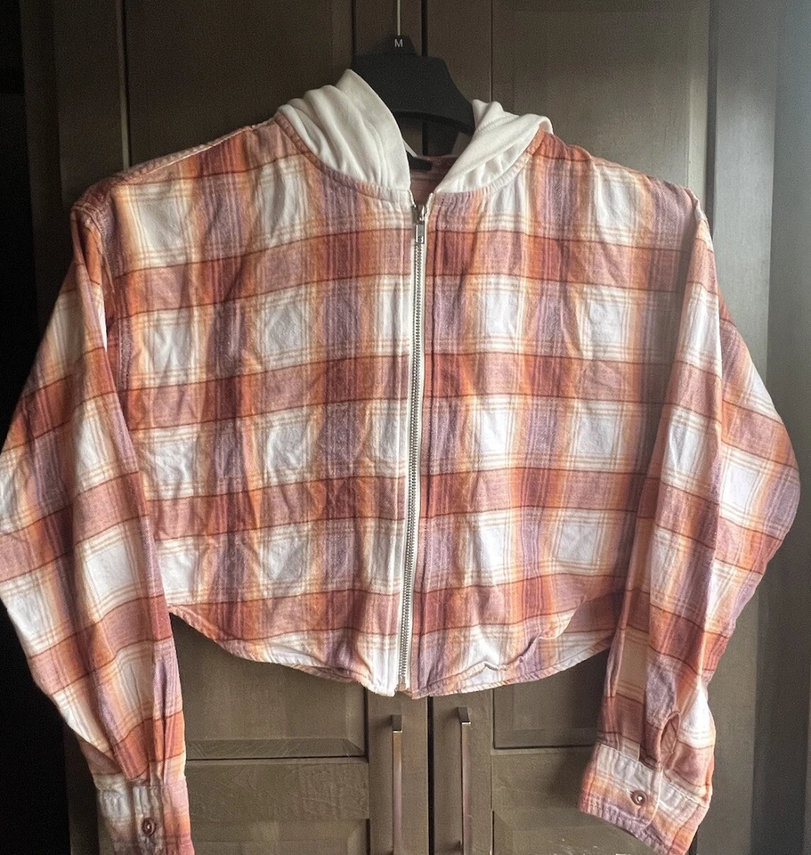 Forever 21 Rust/blanco Pequeña sudadera con capucha térmica a cuadros manga larga pre propio otoño Foto 3 de 4