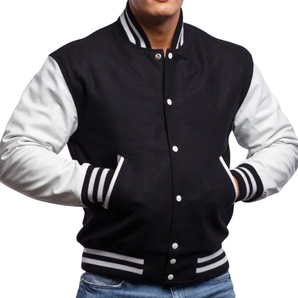 Varsity Jacket Mens Real Leather Sleeves, Wool Blend Baseball Jacket