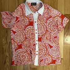 Bob Mackie Wearable Art Shirt Womens L Button Up Blouse Top Short Sleeve Silk