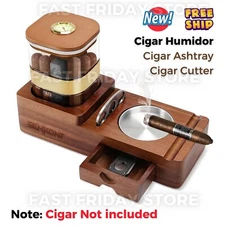 Wooden Cigar Ashtray & Cigar Humidor Jar Set Cigar Cutter Gift for Men Husband
