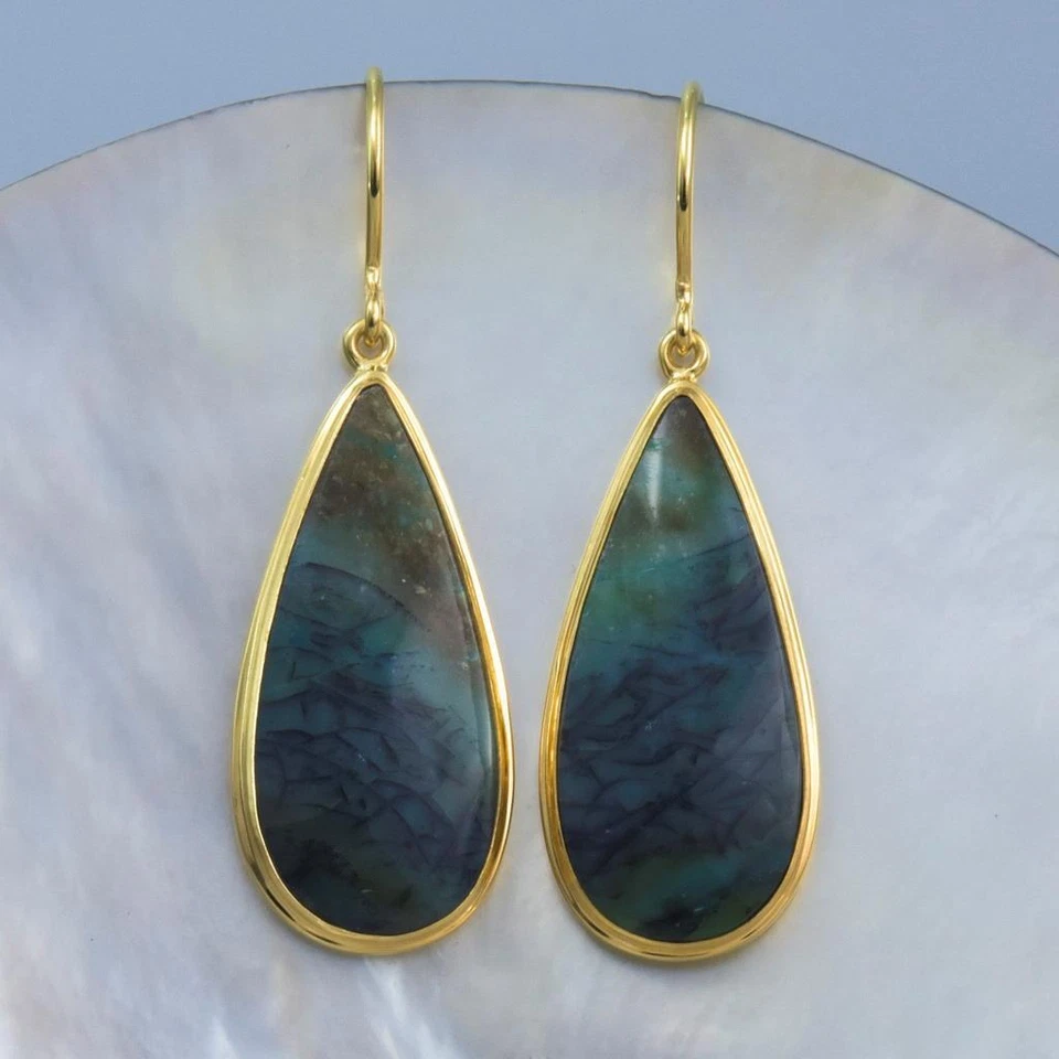 Pendientes Oro 18K Vermeil Plata de Ley Petrificada Fósil Madera Cabujón 6.31 g Foto 4 de 4