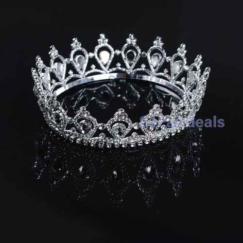 Full Round Crystal Queen Crown Clear Rhinestone Bridal Tiara Pageant Adult - Picture 3 of 4