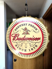 Vintage 18" Double-sided Budweiser Beer Bottle Cap Hanging Sign