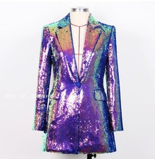 Sequin Women's Colorfull Dress Blazer Jacket One Button Coat Long Sleeve Tops OL