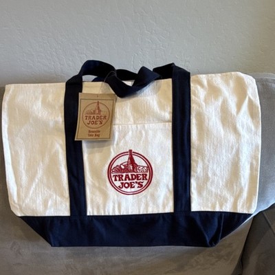 Trader Joe's Large Canvas Tote Bag White Navy Blue 
