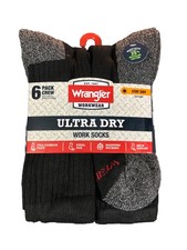 Ultra Dry Steel Toe Sock Wrangler Mens Cushion Crew Size 6-12 Black Work 6 Pair