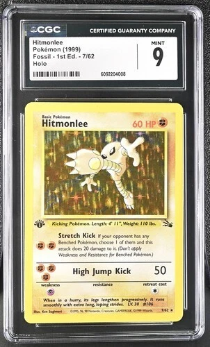 CGC 9 MINT HITMONLEE 7/62 HOLO 1ST EDITION 1999 POKEMON FOSSIL