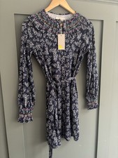 Boden Navy & White Floral Shirt Dress UK 8P Petite Belted Long Sleeve