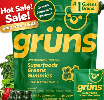 Gruns Adults Super Greens Gummies, Multivitamin Superfood Gummy Bears 28 Packs 