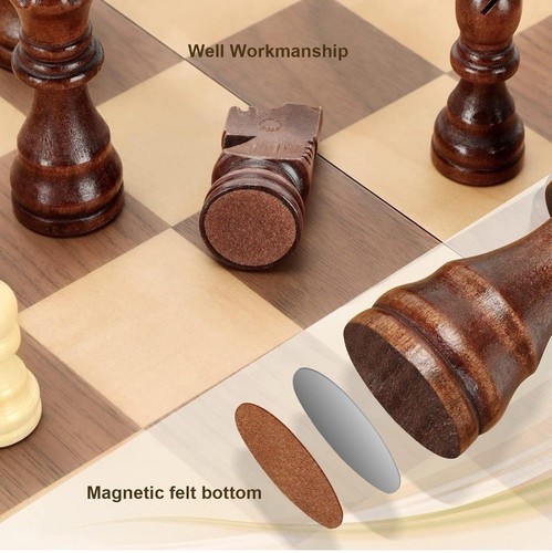 15" Wooden Chess Set with Magnetic Pieces - Extra Queens - Folding Chessboard - Picture 3 of 8