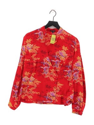 ESCADA Damen Bluse UK 12 rot geblümt 100% Seide Langarm V-Ausschnitt Basic