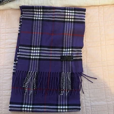 100% Cashmere Scarf Hand Tailored Made in Germany Fringe Purple Plaid Classic