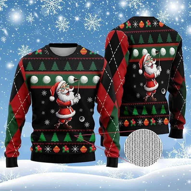 Santa Golf Ugly Christmas Sweater Unisex Argyle Pattern Holiday Knit Jumper Gift