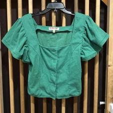 Dolan Left Coast Collection Blouse Size L Green Puff Sleeve Button Shirt Top