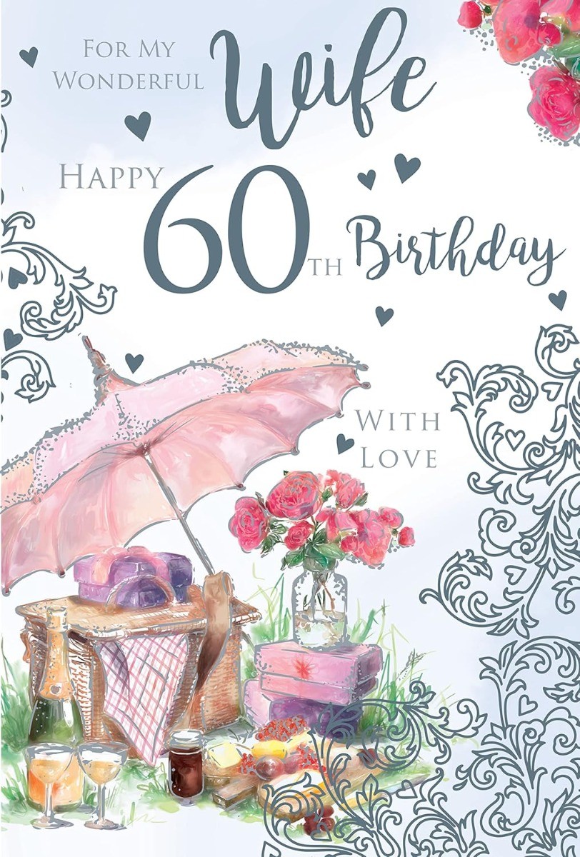 Wife 60th Birthday Card. Floral Design. 23x15cm