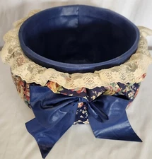 Vintage Large Padded Sewing Navy Blue Floral Basket w/Bow 80's 