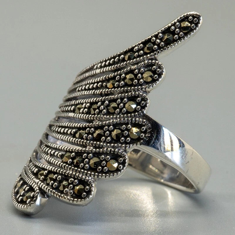 Marcasite Pirite Elegante Stile Bling Anello 925 Argento Sterling Taglie L - T - Immagine 2 di 3