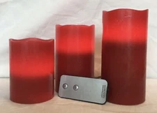 SET 3 RED Flameless Battery Pillar Candles- 4" 5” 6" x 3” Dia. w/ Remote Control