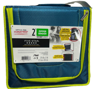 Five Star Zipper Binder 2'' 530 Sheet Capacity, 3-1/2'' X 12'' X 12-3/4, green/blue