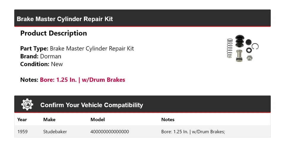 Kit de reparo de cilindro mestre de freio para 1959 Studebaker 4E14 Dorman - Imagem 2 de 3