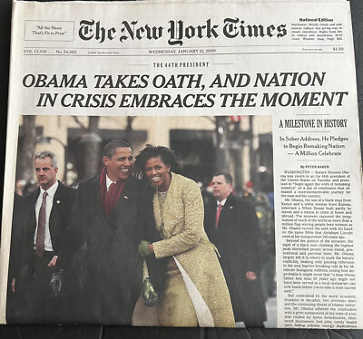 The New York Times Newspaper OBAMA Takes Oath & Nation In Crisis January 21 2009