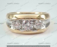 14K Yellow Gold Plated 2 CT Men 3-Stone Moissanite Anniversary Wedding Ring Band