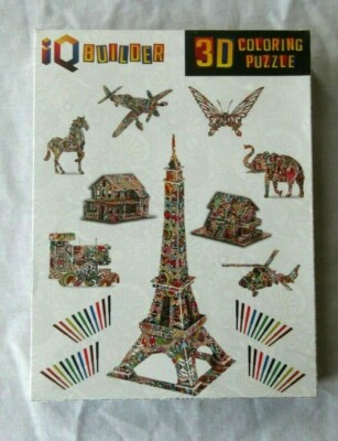 New IQ Builder 3D Coloring Set 9 Puzzles 40 Markers Butterfly Horse Train More
