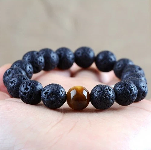 Men's 12MM Black Volcanic Lava Stone & Tiger Eye Beaded Oil Diffuser Bracelets