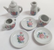 Vtg Dollhouse Minature Porcelain Tea Pot Cup Saucer Set Cream Sugar Kitchen