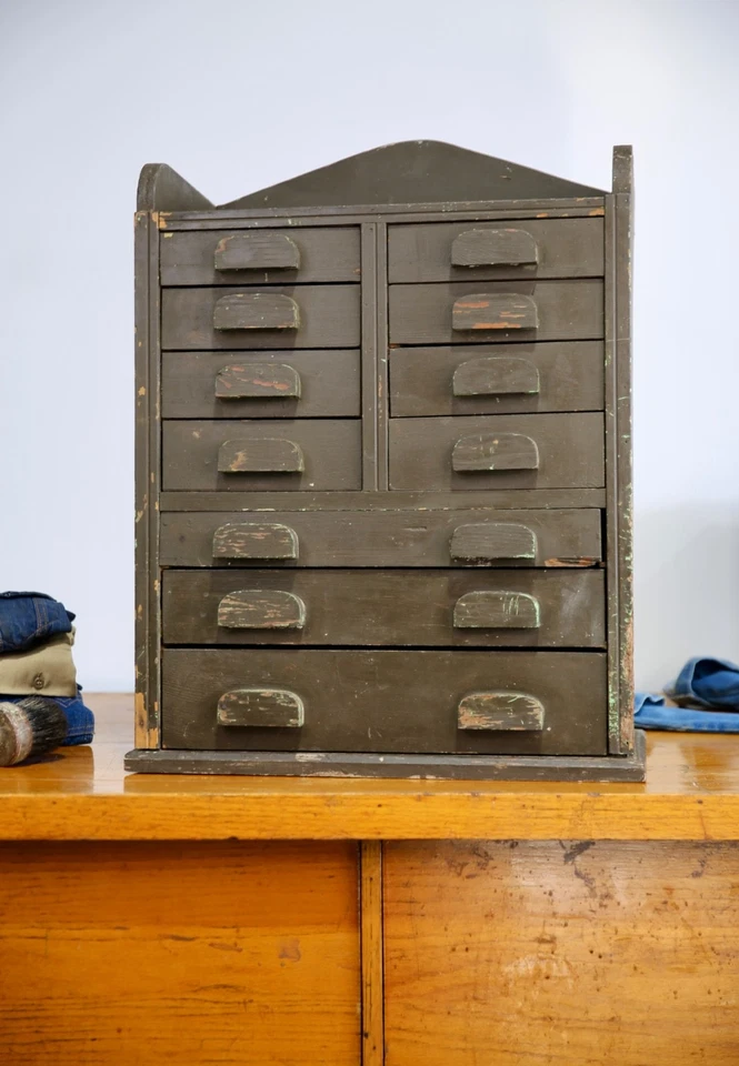 Старинный аптекарский шкаф деревянный ящик для инструментов ящик часовщика набор винтажный зеленый - Изображение 2 из 4