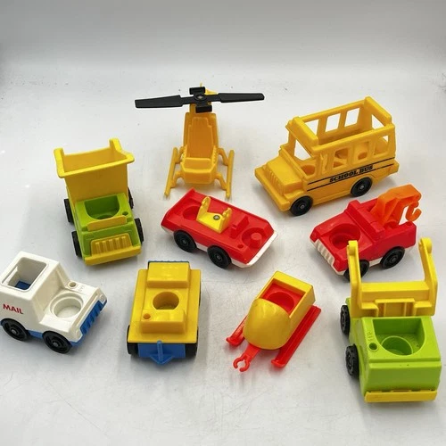 Vintage Fisher Price Little People Lot Of 9 Vehicles Cars Trucks Copter Sled Bus
