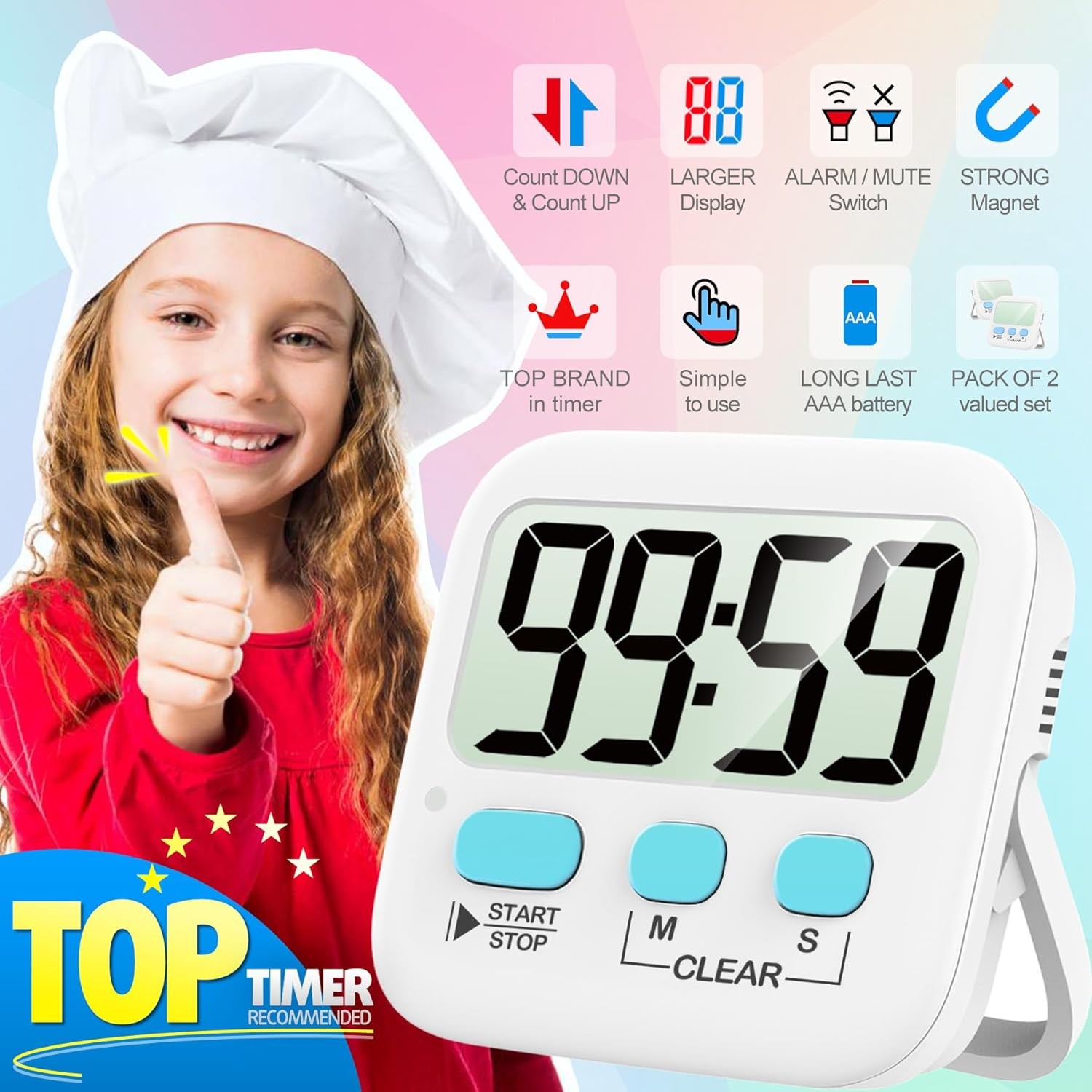 Antonki 2 Pack Digital Kitchen Timer Magnetic Countdown Cooking Timer Set