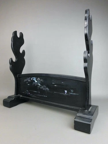JAPANESE ANTIQUE LACQUERED WOOD SHELL INLAY RADEN SWORD STAND KATANA KAKE YACHT