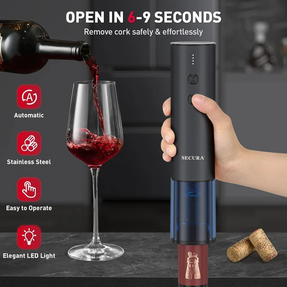 Abridor de vinho elétrico de aço inoxidável Secura, compacto recarregável, preto  - Imagem 3 de 4