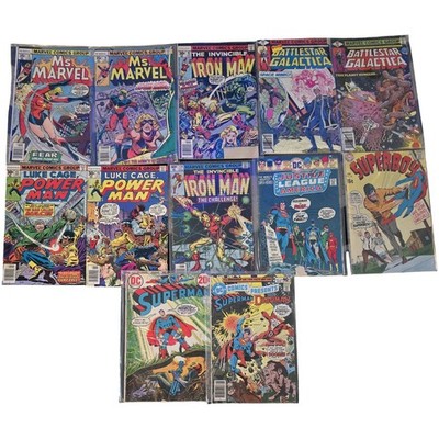 Vintage 70s Marvel DC Comic Lot -Ms Marvel Luke Cage Iron Man Superboy JLA 11