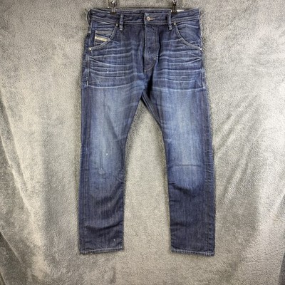 DIESEL Krooley 0073N Jeans Mens W34 L32 Zip Fly Blue Whiskers Fade Effect
