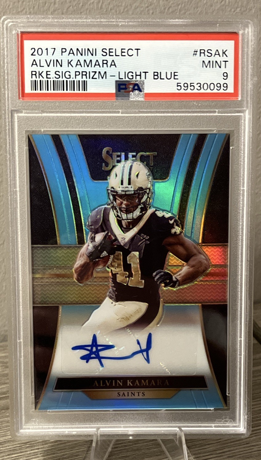 2017 Select Alvin Kamara Rookie Auto Light Blue Prizm /25 PSA 9 bookend 25/25