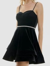 B. Darlin Juniors' Women's Black Velvet Embellished Fit-Flare Dress Size 11/12