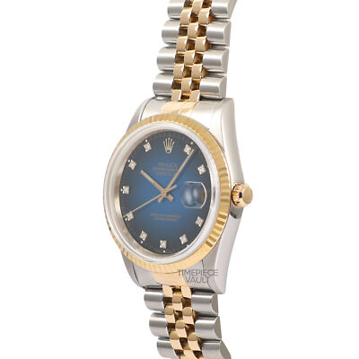 ROLEX DATEJUST 16233 18K GOLD & STEEL 36MM FACTORY BLUE VIGNETTE