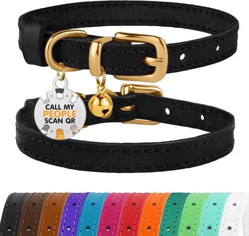Adjustable Black & Gold Leather Collar for Cats & Mini Dogs with Safety Bells - Picture 3 of 9