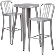 24'' Round Silver Metal Indoor-Outdoor Restaurant Bar Table Set w/ 2  Barstools