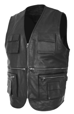 Herren echt schwarz weiches Leder Fischer Weste lässig mehrere Taschen Gilet Weste